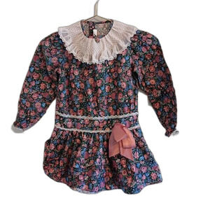 Vintage Peaches n Cream Girls 6 Blue Pink Floral Dress Roses Bow